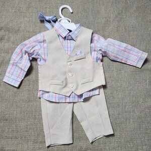 New Nautica Boys Size 6-9 Months Baby Oxford Vest Set Bow Pants Outfit 4 Pc